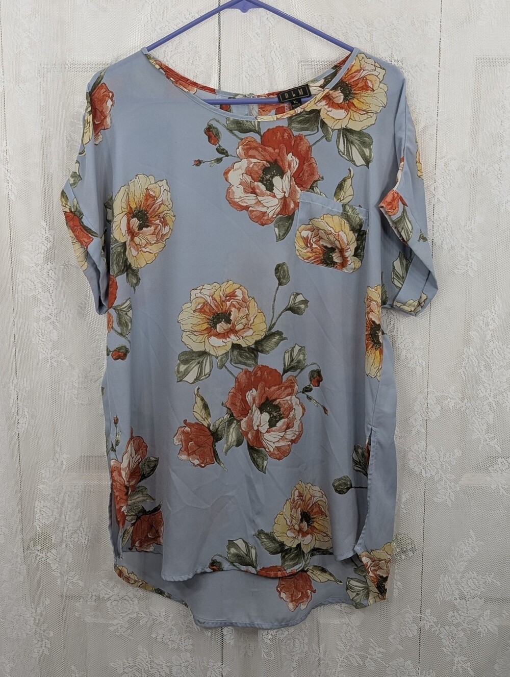 OLM: Light Blue Floral Tunic Blouse - Size XL